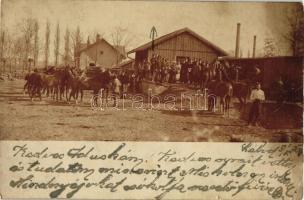 1902 Lábod, keményítőgyár, csoportkép katonákkal, photo (kis szakadás / small tear)