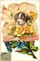 Dog, flowers, litho