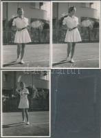 cca 1938 Dr. Csörgeő Tibor (1896-1968) három vintage fotója teniszpartneréről, közös kartonra felragasztva, jelzés nélkül, a szerző hagyatékából, 8x11 cm, karton 25x17 cm