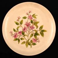 jelzett virágos dísz falitányér, kézzel festett mázas fajansz, jó állapotban, d: 25,5 cm / Antique ceramic plate, signed, good condition, d:25,5 cm