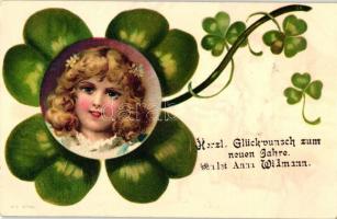 New Year, girl, clover, litho