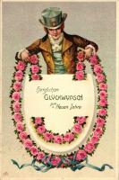 New Year, gentleman, floral, litho