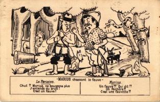 Marius chassant le fauve / Marius chasing the beast, humorous hunting graphic postcard s: Rene