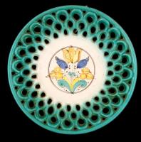 Áttört kerámia fali tányér, jelzett (F.Cs), hibátlan, kézzel festett, d:29 cm