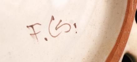 Áttört kerámia fali tányér, jelzett (F.Cs), hibátlan, kézzel festett,  d:29 cm