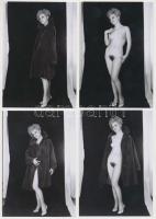 cca 1970 Nagy bundában kis bunda, 7 db finoman erotikus fénykép, 13x9 cm / cca 1970 7 erotic photos, 13x9 cm