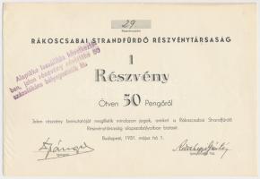 Budapest 1931. &quot;Rákoscsabai Strandfürdő Részvénytársaság&quot; részvények 50P-ről, bélyegzésekkel (2x) sorszámkövetők T:I-