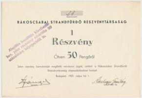 Budapest 1931. "Rákoscsabai Strandfürdő Részvénytársaság" részvények 50P-ről, bélyegzésekk...
