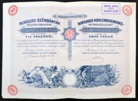 Budapest 1926. &quot;Borsodi Szénbányák Részvénytársaság&quot; 10 részvénye egyenként 10P-ről szelvényekkel, felülbélyegzéssel, szárazpecséttel T:II