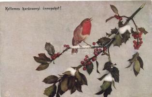 Kellemes karácsonyi ünnepeket! / Christmas, robin sitting on a holly branch, Raphael Tuck & Sons Oilette No. 8527 (pinhole)