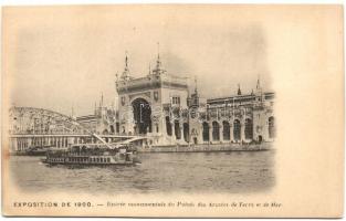 1900 Paris, &#039;Entrée monumentale du Palais des Arinées de Terre et de Mer&#039; / entrance of the palace of land and sea, bridge, ship