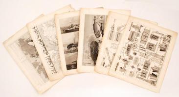 cca 1880 6 db különféle fametszet: gépek, bálnák és bálnavadászat, térképek, stb., különböző méretben /  cca 1880 6 various wood engravings: machines, whales and whale hunting, world maps, etc., in various sizes