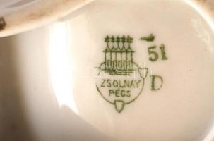 Zsolnay só-bors tartó, aranyozott széllel, kopott, jelzett, h:12,5 cm, m:5,5 cm