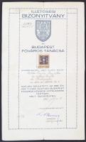 1922 Bp., Budapesti Főváros Tanácsa által kiállított illetőségi bizonyítvány, illetékbélyeggel
