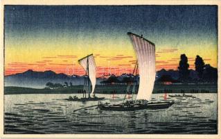 Sailing ships, Japanese background