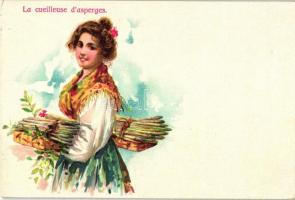 La cueilleuse dasperges / Asparagus collecting lady, on the backside canned food advertisment, litho