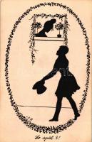 7 db RÉGI motívum képeslap, sziluettek, vegyes minőség / 7 old motive postcards, silhouettes, mixed ...