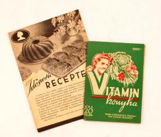 cca 1930-40 Régi receptes nyomtatványok: Vitamin konyha, pp.:62, 15x10cm + dr. Ötker Időszerű receptek, pp.:15, 20x14cm