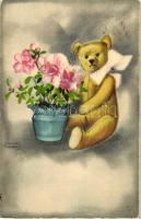 4 db RÉGI motívum képeslap, üdvözlőlapok és egy hölgy, Hannes Petersen, vegyes minőség / 4 old motiv...