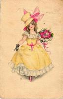 4 db RÉGI motívum képeslap, üdvözlőlapok és egy hölgy, Hannes Petersen, vegyes minőség / 4 old motiv...