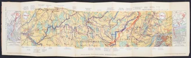 cca 1930 Prága-Bécs térkép, reptéri térképekkel, Hapag, kissé visletes fedőborítóval,86x23cm