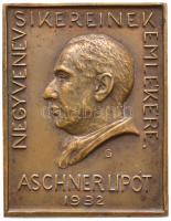Gárdos Aladár (1878-1944) 1932. Aschner Lipót - Negyven év sikereinek emlékére Br plakett, hátlapján LUDVIG BUDAPEST gyártói jelzéssel (59x46mm) T:2 /  Hungary 1932. Lipót Aschner - For success of 40 years Br plaque, with LUDVIG BUDAPEST makers mark. Sign.: Aladár Gárdos (59x46mm) C:XF HP 2487.