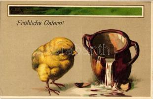 &#039;Fröhliche Ostern!&#039; / Easter, chicken with broken pot, litho, Emb. (EK)