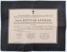 1942 báró Buttler Sándor nyug. huszárőrnagy, Szabolcsvármegye Törvényhatósági Bizottságának tagja, a Magyar Cserkész Szövetség VI. ker. szabolcsvármegyei szervezetének volt elnökének halotti kiáltványa, 24x31cm