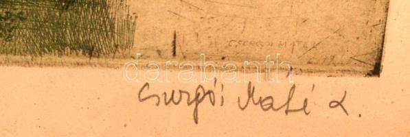 Csurgói Máté Lajos (1931-2001): Patak híddal, színezett rézkarc, papír, üvegezett fa keretben, 39×28...