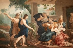 cca 1850 József véres ruhái, francia metszet, színes litográfia, foltos, üvegezett keretben, jelzett...