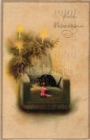 4 db RÉGI motívum képeslap, kutyás karácsonyi üdvözlőlapok, mind litho, jó állapotban / 4 old motive...