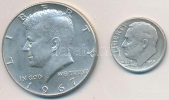 Amerikai Egyesült Államok 1958D 1D Ag "Roosevelt" + 1967. 1/2$ Ag "Kennedy" T:2,...