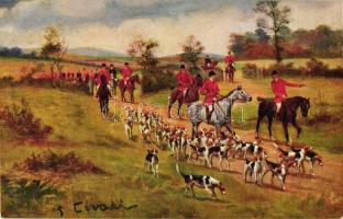 Hunters on horseback with dogs, Raphael Tuck & Sons Oilette Postcard No. 3302, artist signed