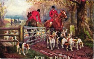 Hunters on horseback with dogs after the hunt, Raphael Tuck & Sons Oilette Postcard No. 3194, artist signed