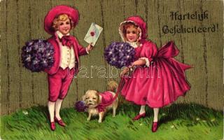 Hartelijk Gefeliciteerd! / greeting card, children with dog, M.A.B. No. 18254, litho, Emb. (Rb)