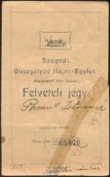 1924 A Szegedi Önsegélyező Hajós Egylet "felvételi jegye" (ragasztott)