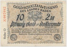 Németország / Weimari Köztársaság / Baden 1923. 10 arany Pfennig utalvány T:restaurált Germany / Weimar Republic / Baden 1923. 10 Pfennig Gold C:restored