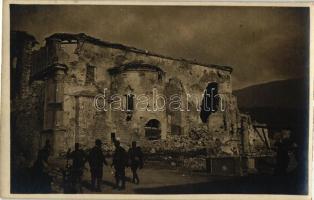 Italian military postcard, destroyed building, soldiers, photo