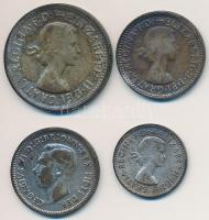 Ausztrália 1951. 6P Ag "VI. György" + 1955. 3P Ag + 1958. 6P Ag + 1961. 1Sh Ag "II. Erzsébet" T:2,2- patina Australia 1951. 6 Pence Ag "George VI" + 1955. 3 Pence Ag + 1958. 6 Pence Ag + 1961. 1 Shilling Ag "Elizabeth II" C:XF,VF patina