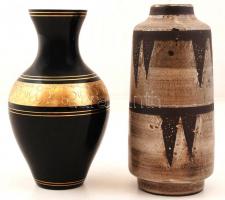 2 db retró kerámia váza, hibátlanok, 1 db fekete-arany üveg váza, apró csorbával, m: 19, 22 és 23 cm