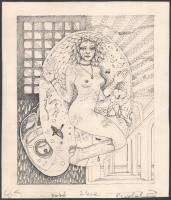 Csurgó Erzsébet (1952-): Lány és természet. Tus, papír, jelzett, 22×18 cm