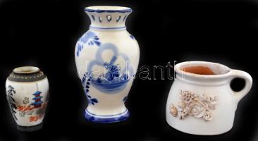 Vegyes kerámia-porcelán-üveg tétel: 2 db rál, kis porcelán és kerámia mini vázák, d: 23 és 27 cm, m:...