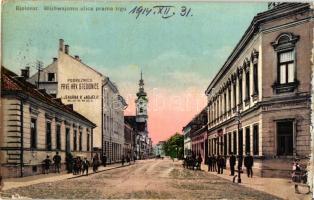 Belovár, Bjelovar; Blühwajsova ulica prama trgu, Prve Hrv. Stedionice, Ljekarna K'andjelu / street, savings bank, pharmacy (EK)