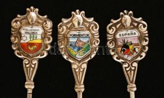 3 db ezüst (Ag.) koktélos kanál zománcozott címeres díszítéssel (Espana, Formentor, Pollença), h: 21...