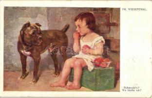 Schmeckts? Wo bleibe ich? / child with dog, Galerie Wiener Künstler Nr. 388. s: Fr. Wiesenthal