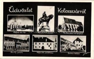 Kolozsvár, Cluj; Mátyás király tér, Mátyás király szobor, Farkas utcai Református templom, Bánffy palota, Mátyás király szülőháza, Bethlen bástya / square, statue, church, palace, Matthias Corvinus&#039;s birth house, bastion (EK)