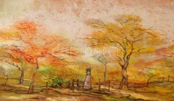 Károlyi András (1938-): Sárguló lombok. Olaj, farost, jelzett a hátoldalán, keretben, 39×74 cm