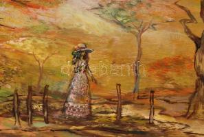 Károlyi András (1938-): Sárguló lombok. Olaj, farost, jelzett a hátoldalán, keretben, 39×74 cm