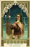 Name Day, praying nun, Art Nouveau litho (fl)