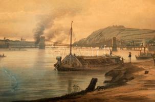 cca 1900 Pest-Buda látképe, J. Alt és Sandmann metszetéről készült színes nyomat, üvegezett, kicsit ...